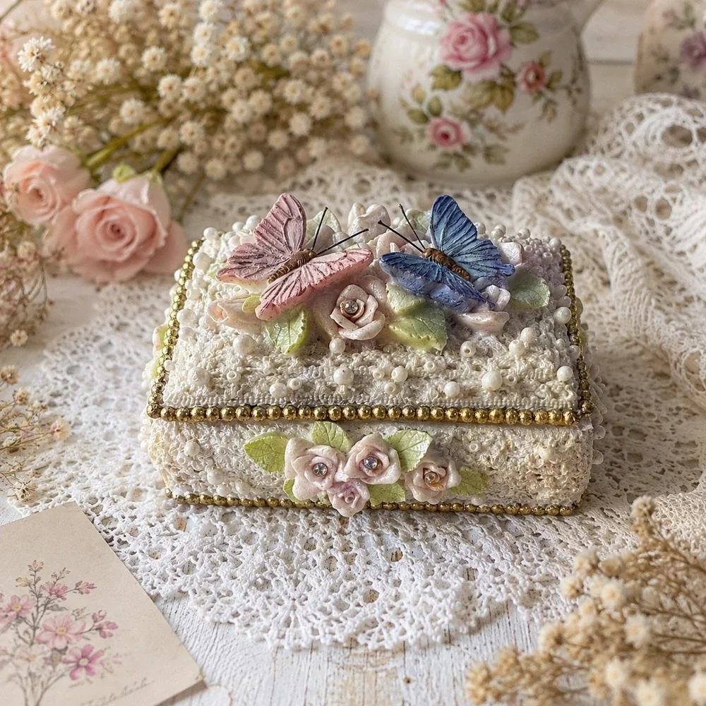 Vintage Style Butterfly Rose Lace Trinket Box Faux Pearl Rhinestone Jewelry Case